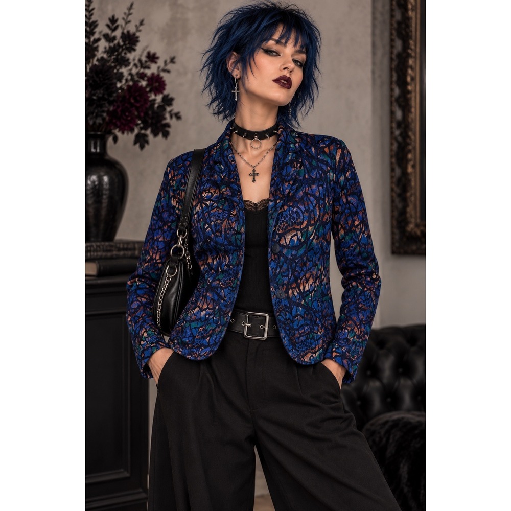 Coldwater Creek Reversible Jacquard Jacket NWT Blue Abstract Size 12